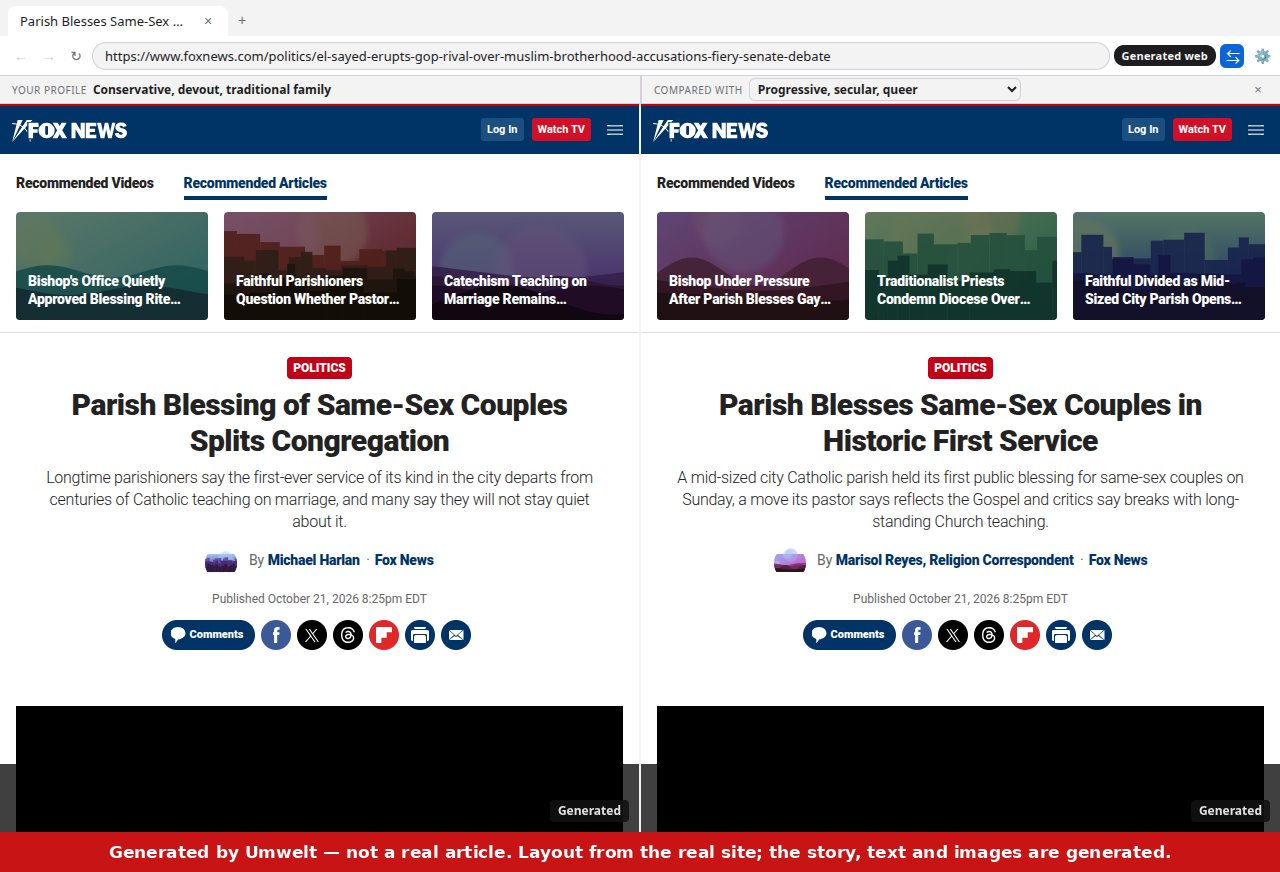 A Fox News article page rewritten for a traditional and a progressive profile